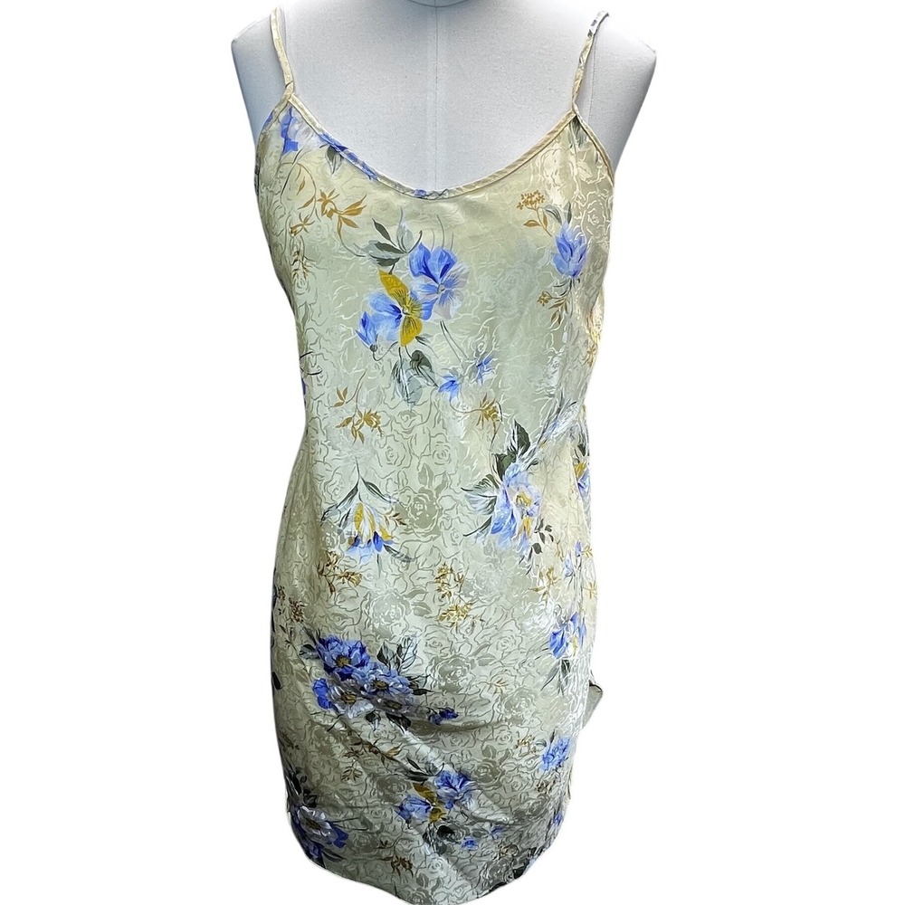 VTG California Miss Floral Slipβ Cream Blue Yellow M V Neck Spaghetti Strap